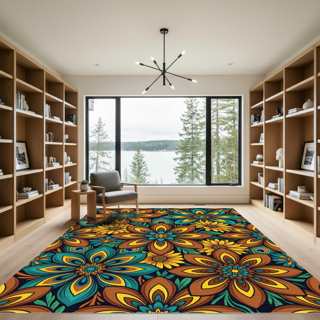 Peacock Teal and Amber Floral Meadow Rug