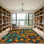Peacock Teal and Amber Floral Meadow Rug