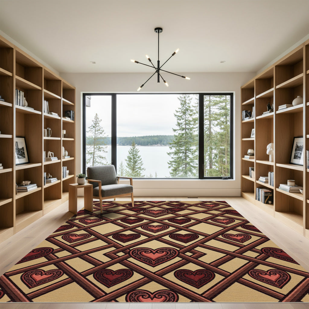 Red Heart Lattice Geometric Arrangement Rug