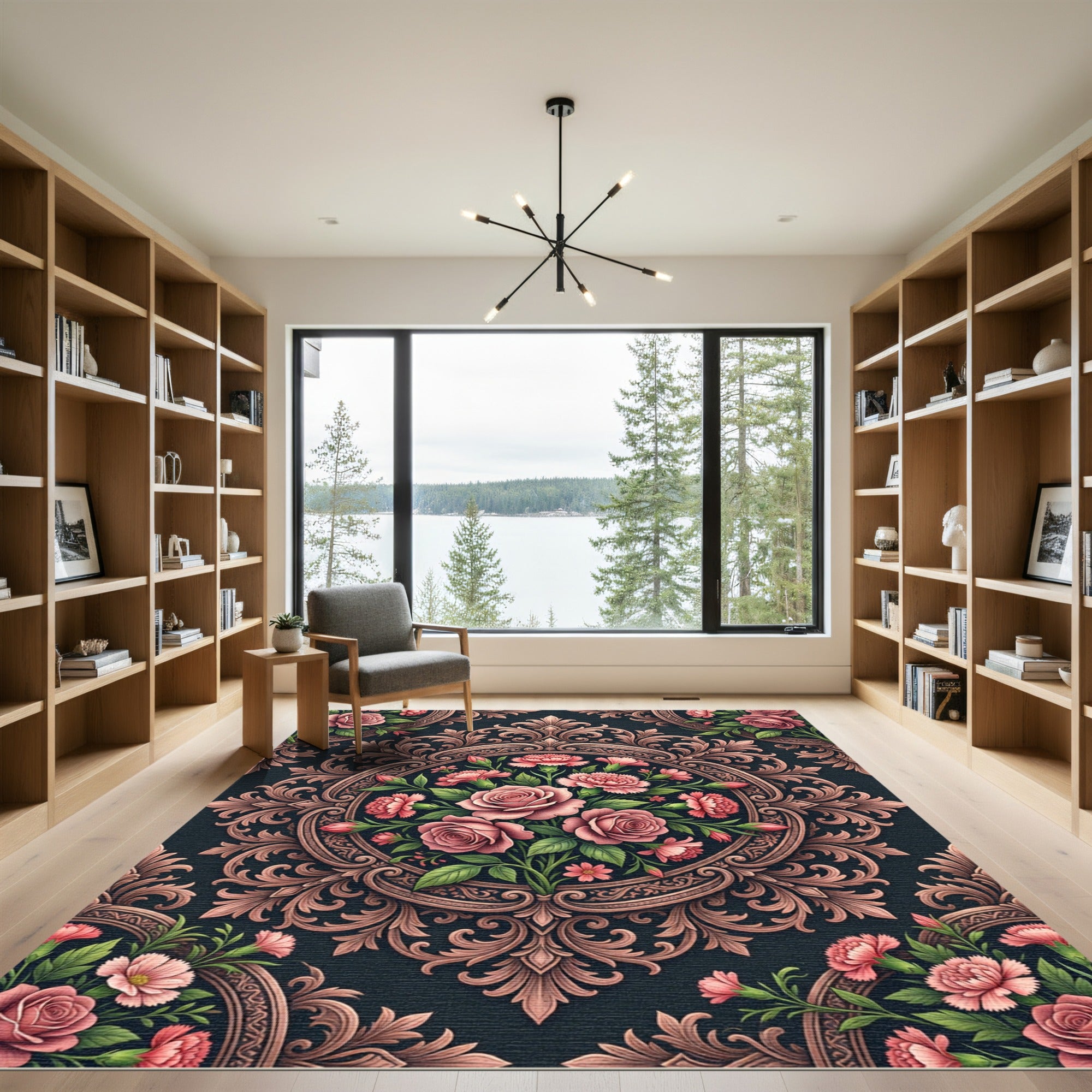 Elegant Blush Rose Floral Medallion Rug