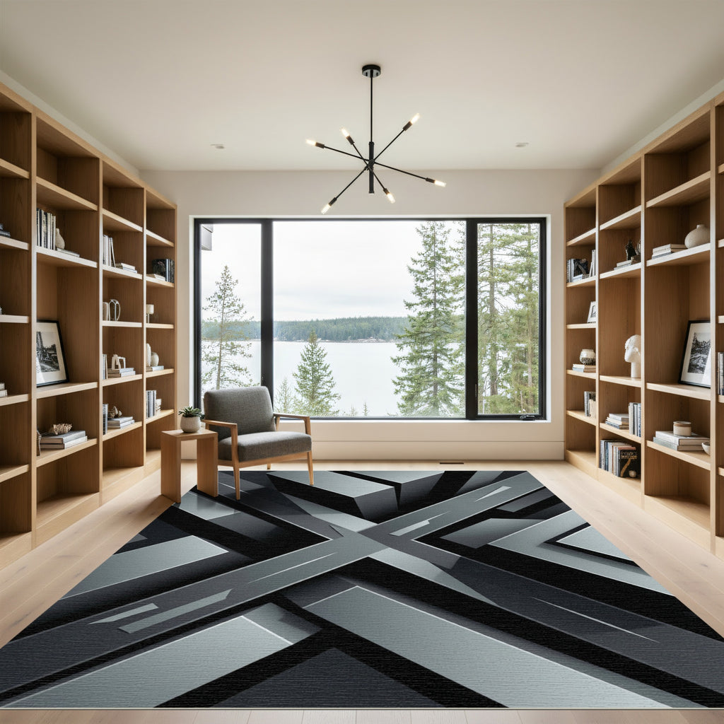 Monochrome Geometric Metallic Abstract Structural Illusion Rug