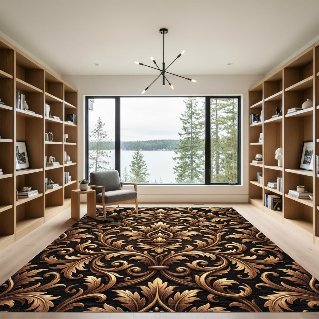Ornate Golden Scrollwork Damask Rug