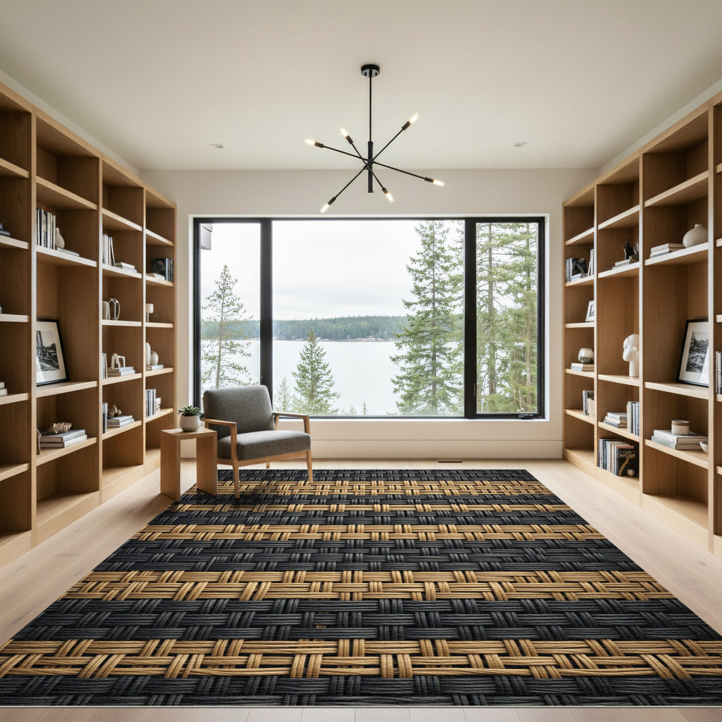 Woven Black and Golden Tan Stripe Rug