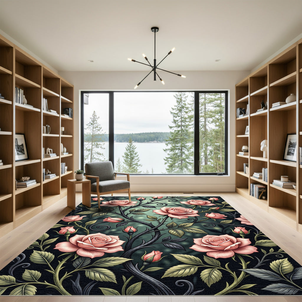 Elegant Pink Rose Botanical Dark Vine Rug