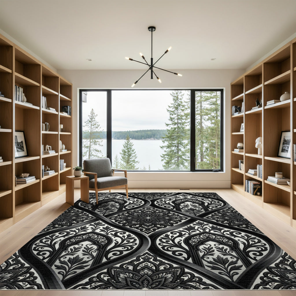 Monochrome Arabesque Floral Medallion Rug