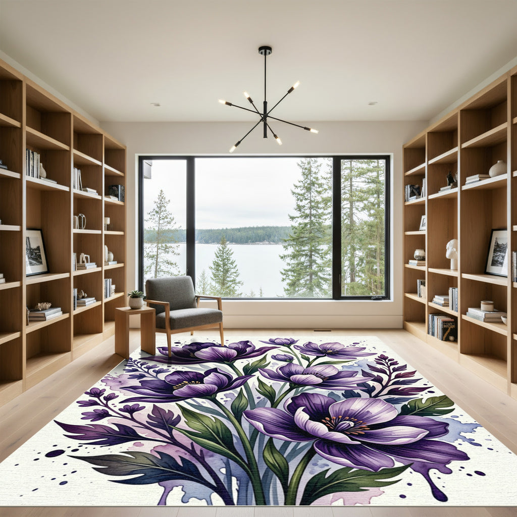 Deep Amethyst Floral Watercolor Burst Rug