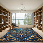 Ornate Gold Floral Royal Blue Medallion Rug