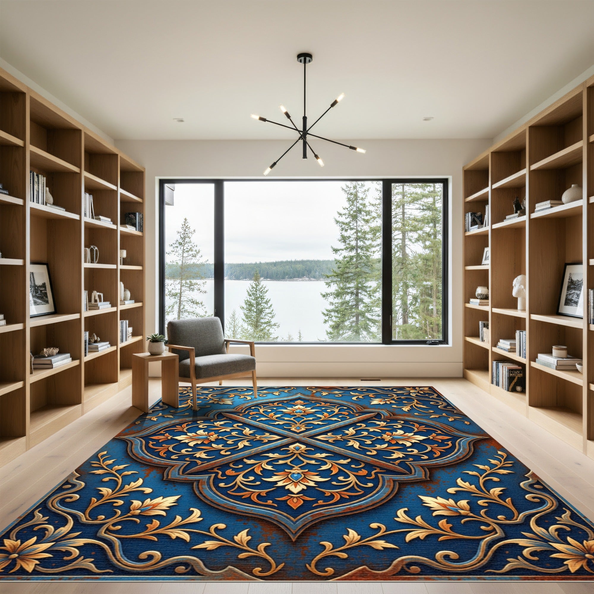 Ornate Gold Floral Royal Blue Medallion Rug