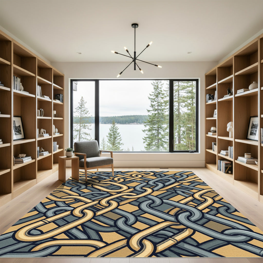 Interlocking Industrial Gold and Slate Chains Rug