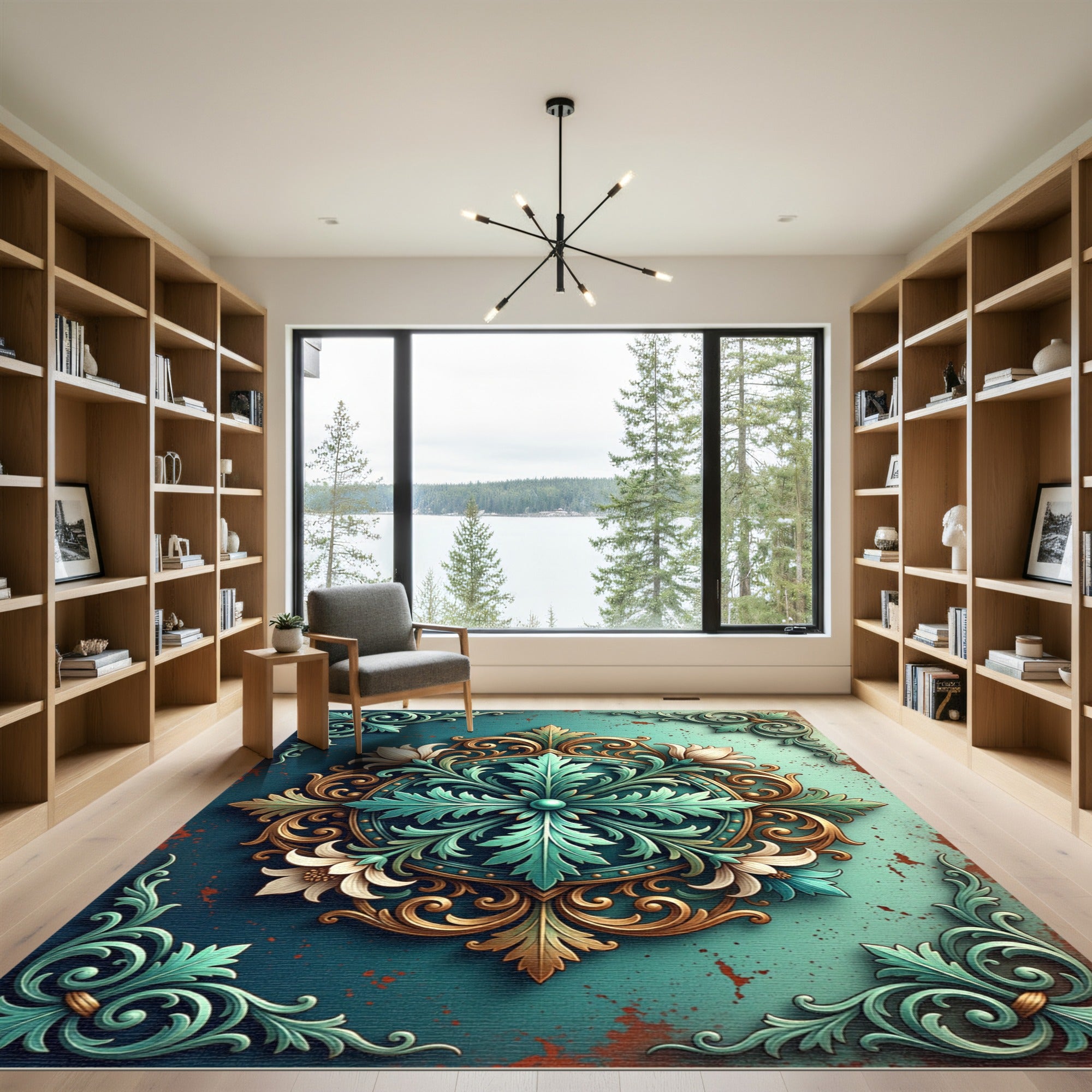 Ornate Teal Gold Floral Medallion Rug