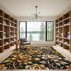 Golden Peony Floral Black Art Deco Rug