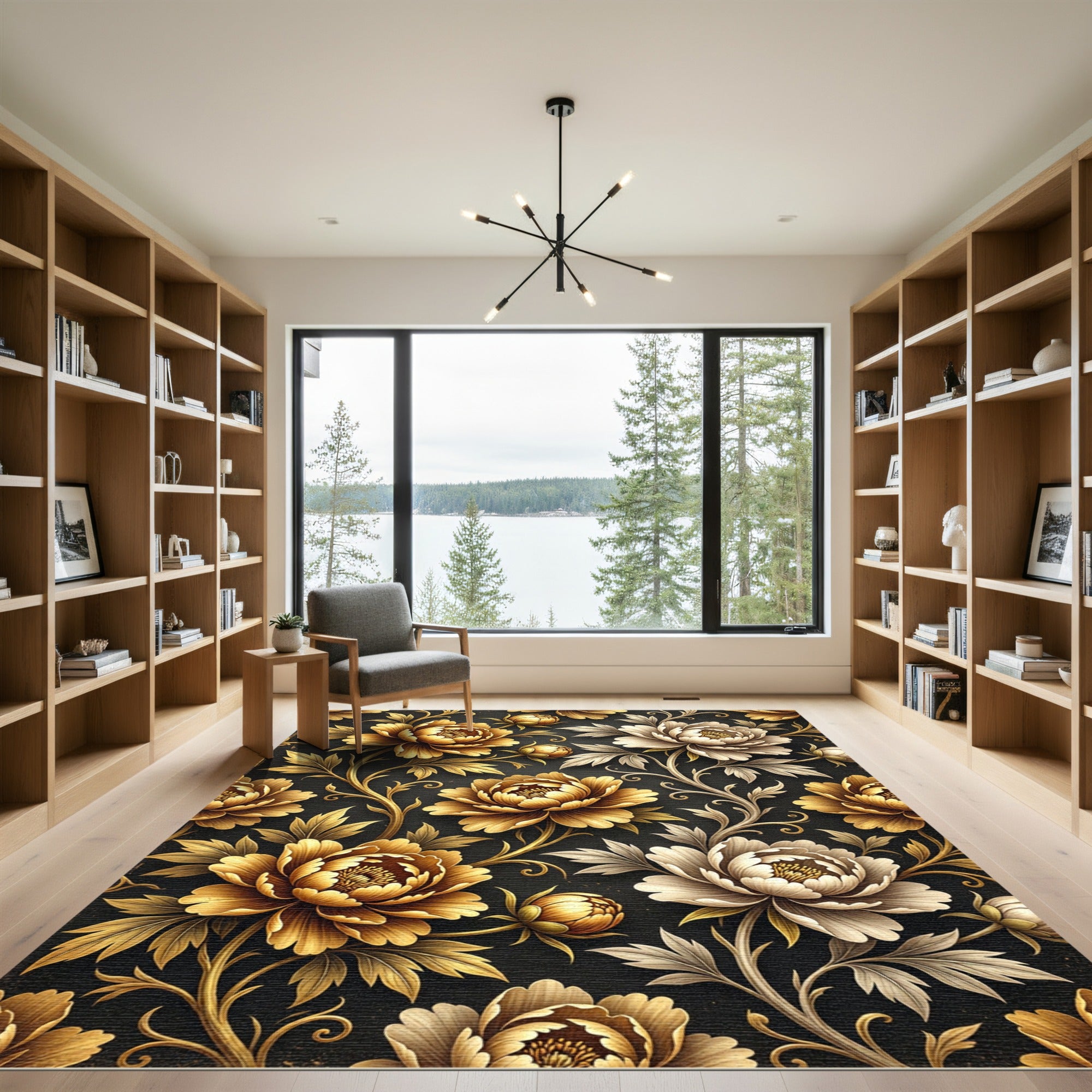 Golden Peony Floral Black Art Deco Rug