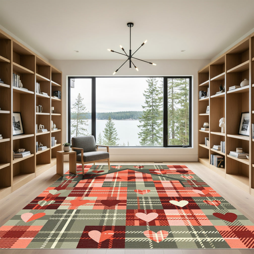 Rustic Red Plaid Heart House Rug
