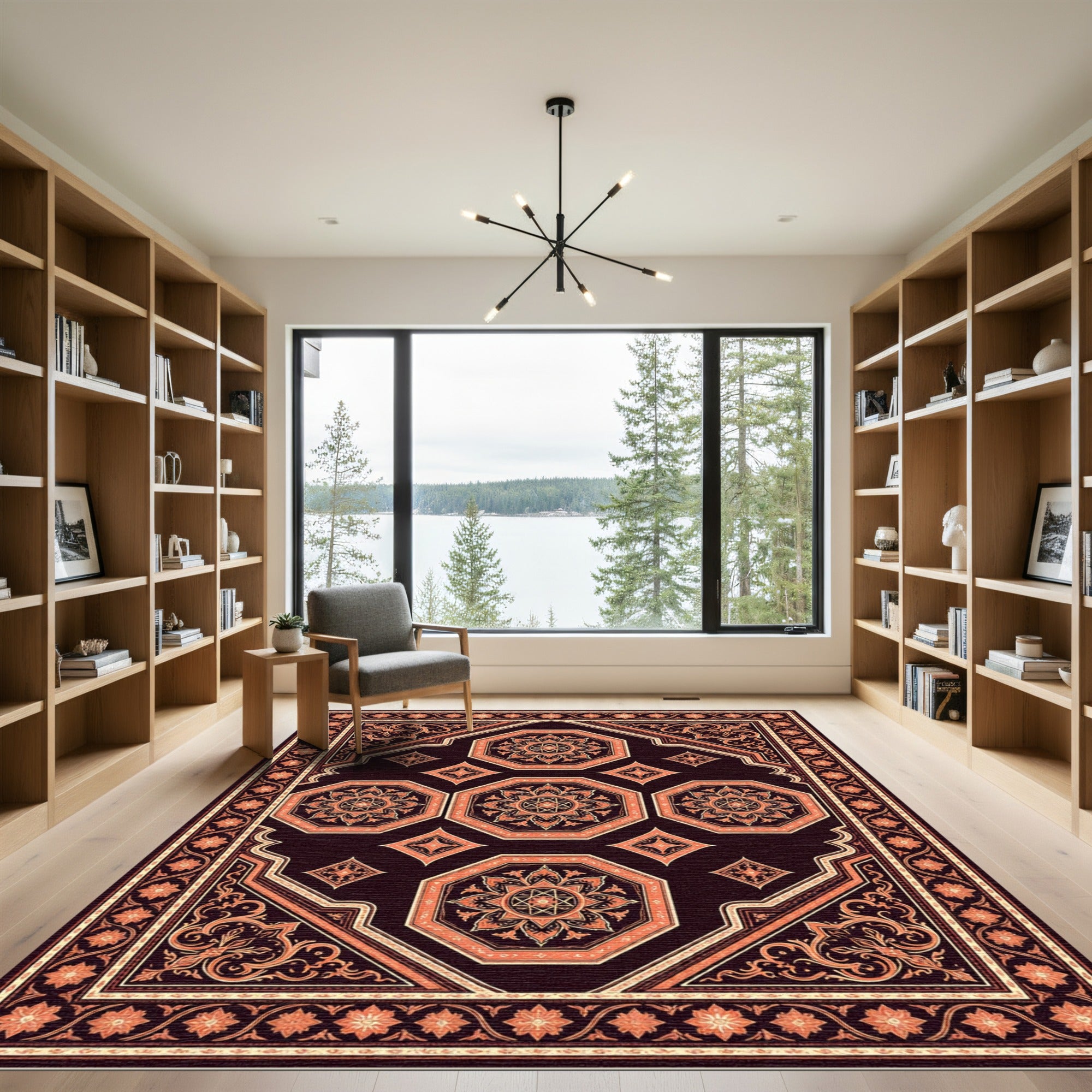 Elegant Dark Amber Octagon Medallion Tapestry Rug
