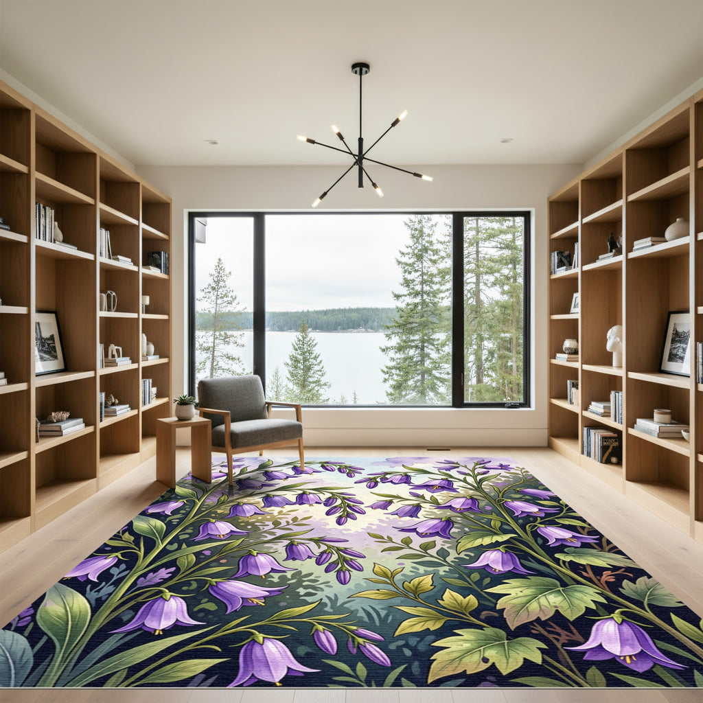 Lavender Bellflower Meadow Botanical Illustration Rug