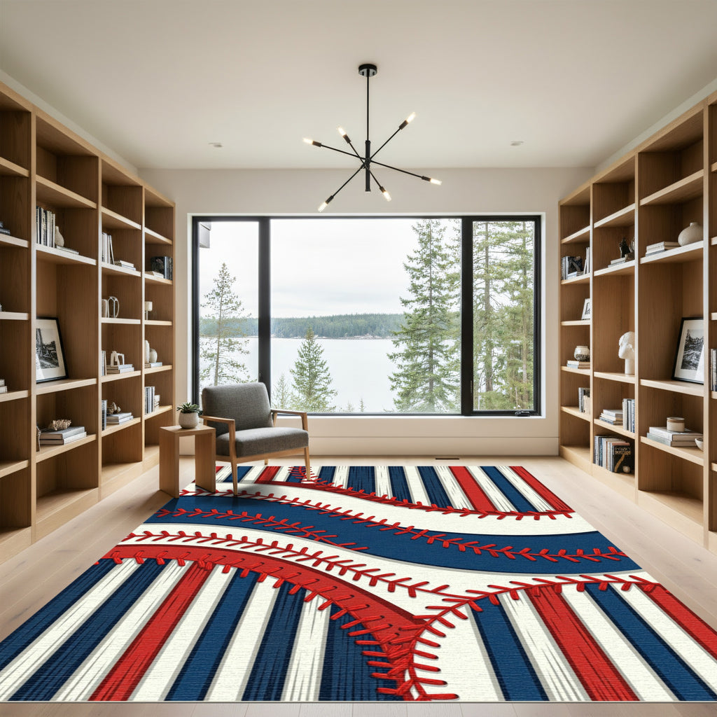 Bold Red White Blue Baseball Stitching Rug