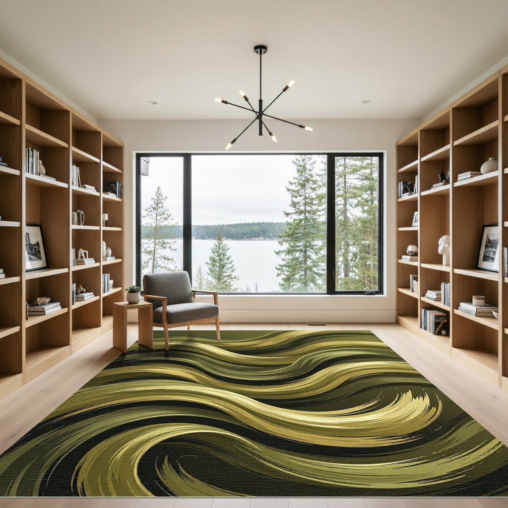 Golden Olive Swirling Brush Strokes Rug