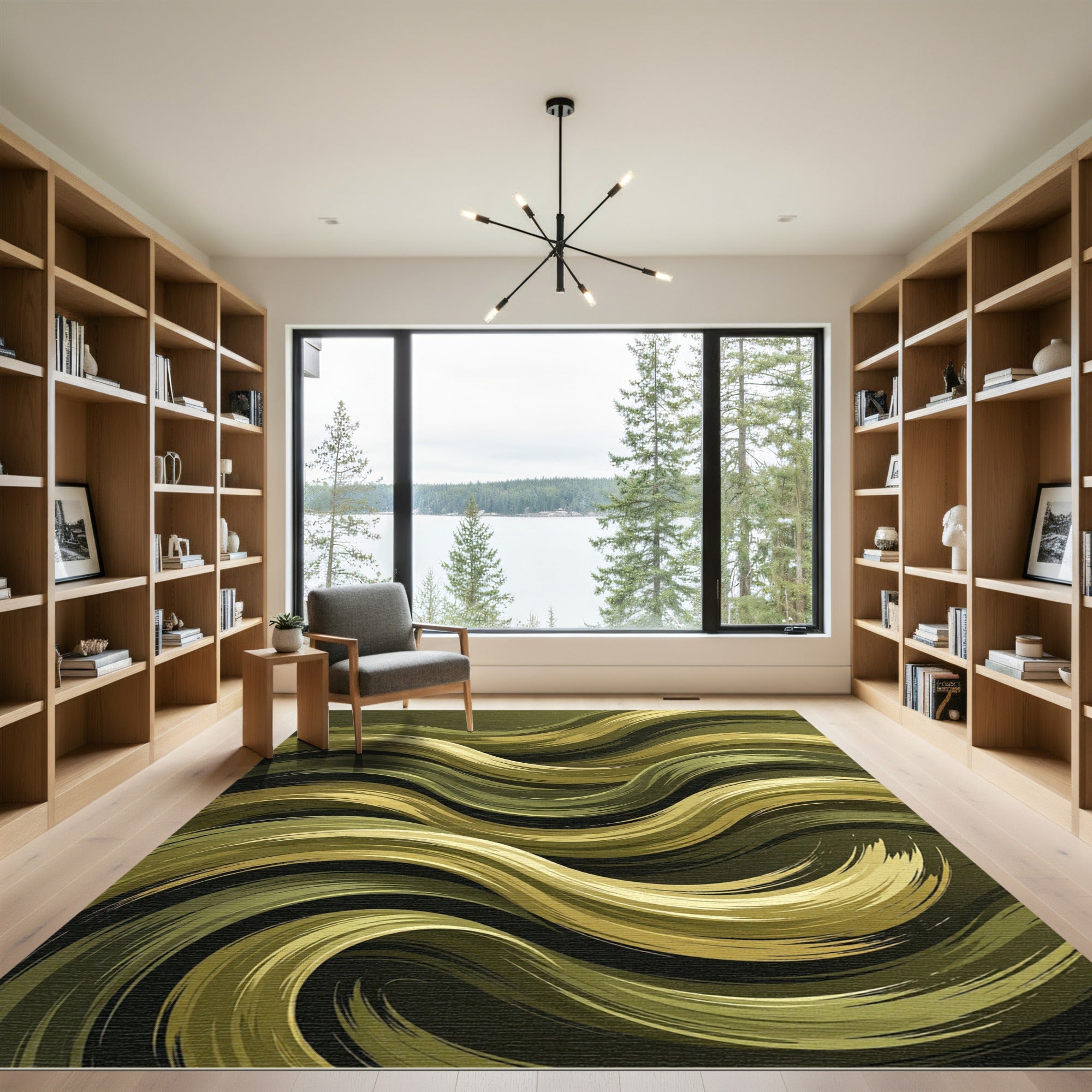 Golden Olive Swirling Brush Strokes Rug