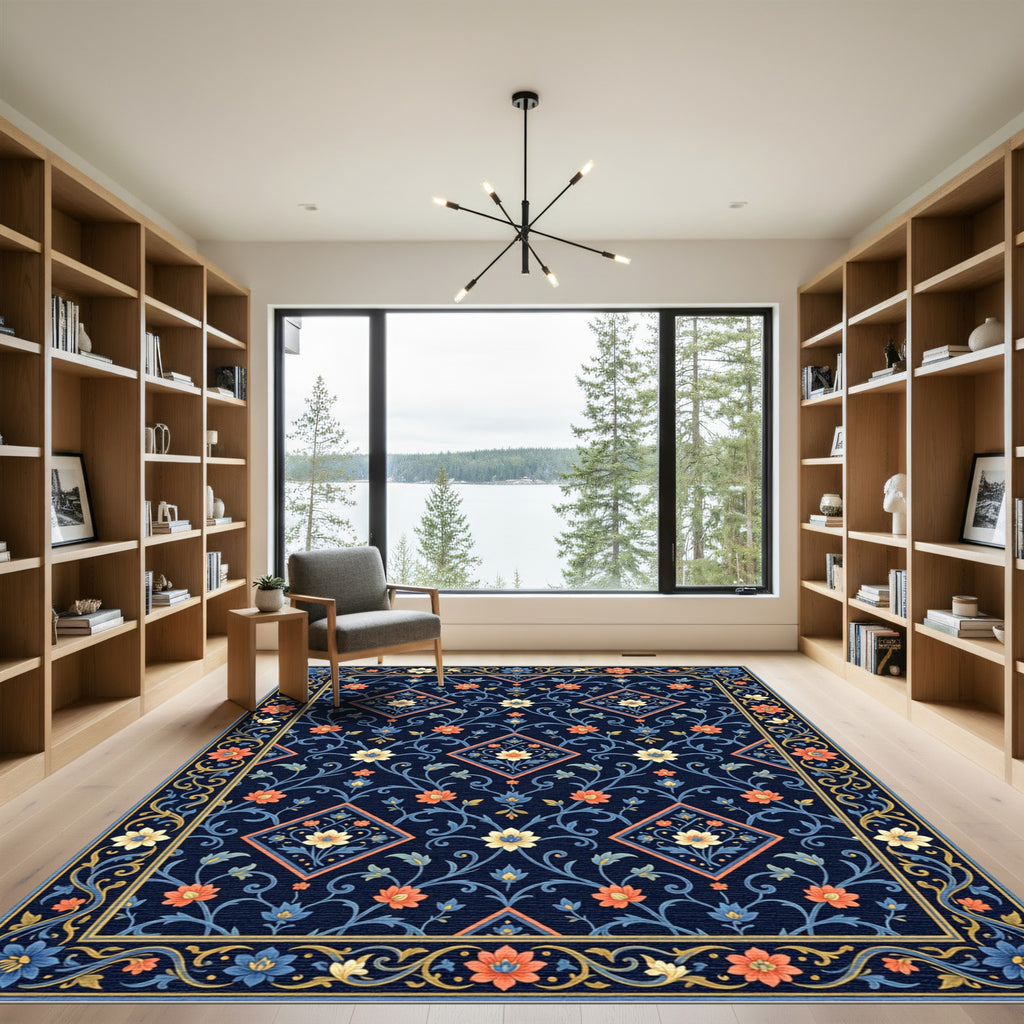Dark Blue Floral Diamond Medallion Rug