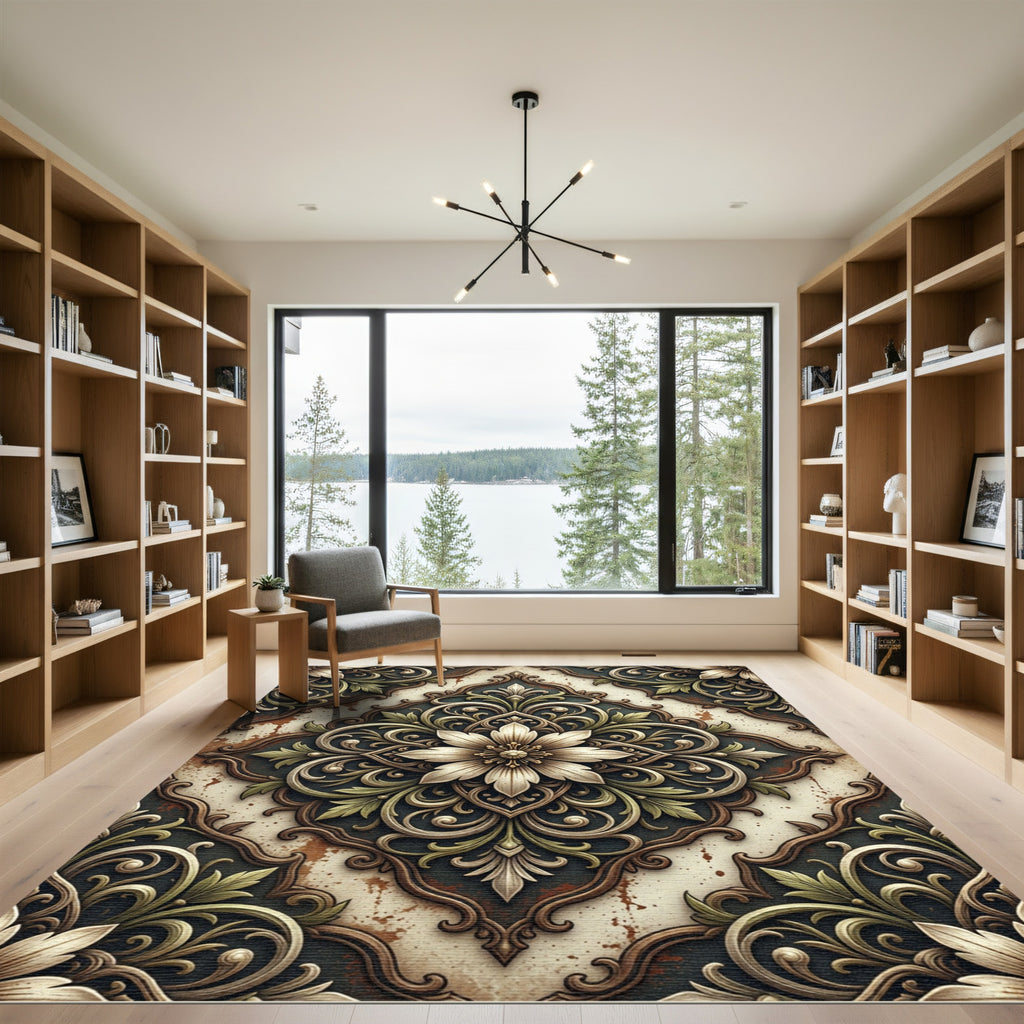 Ornate Floral Medallion Earthy Scrollwork Rug