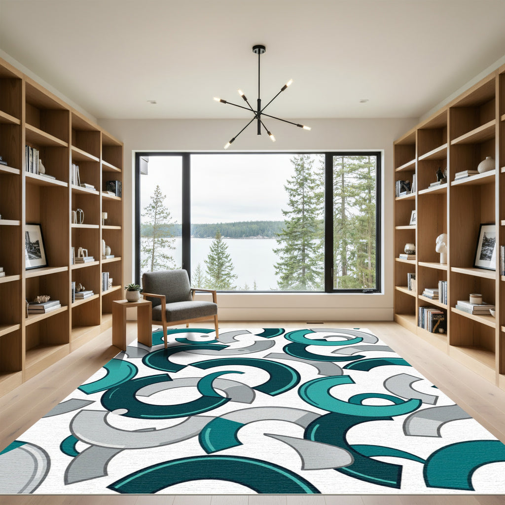 Teal Gray Abstract Curve Composition Rug