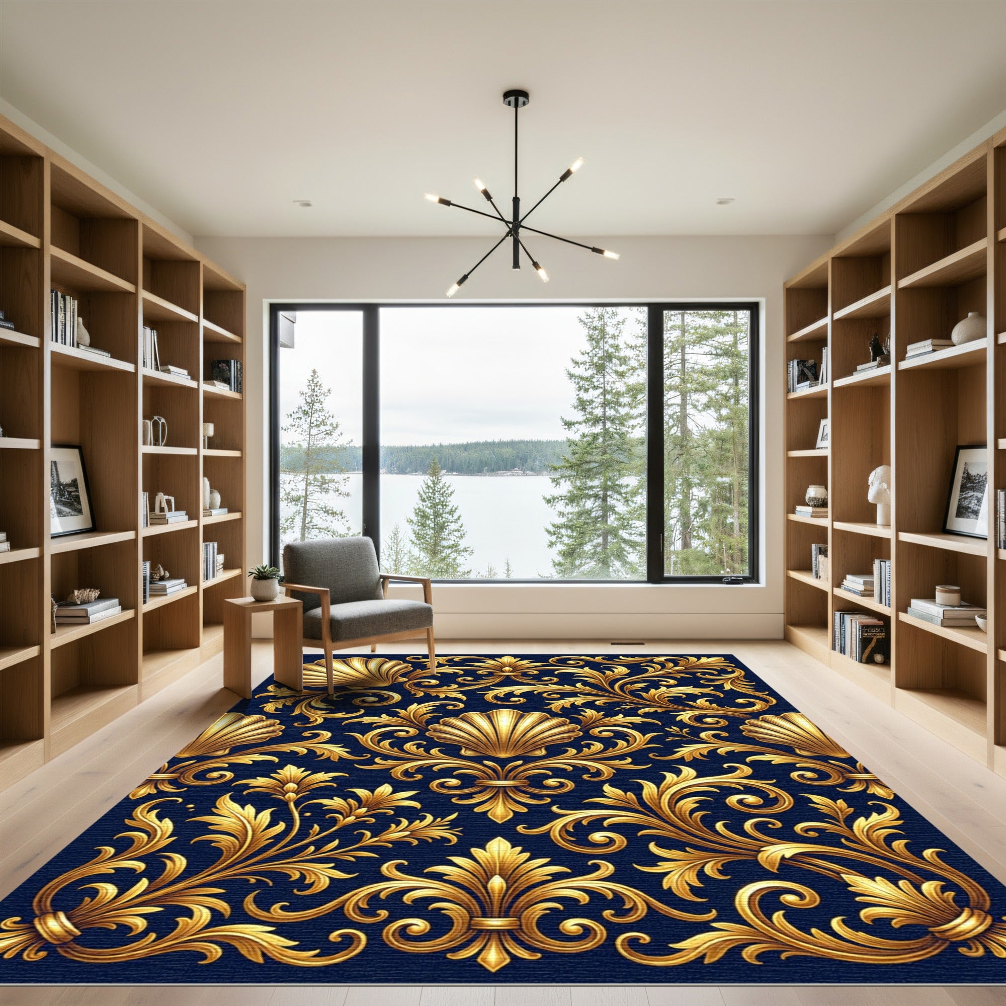 Gold Shell Baroque Scroll Navy Rug