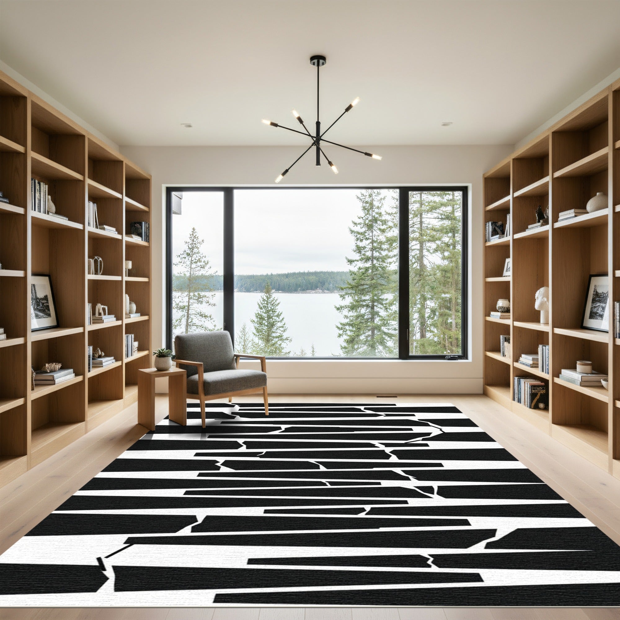 Abstract Black White Cracked Lines Rug