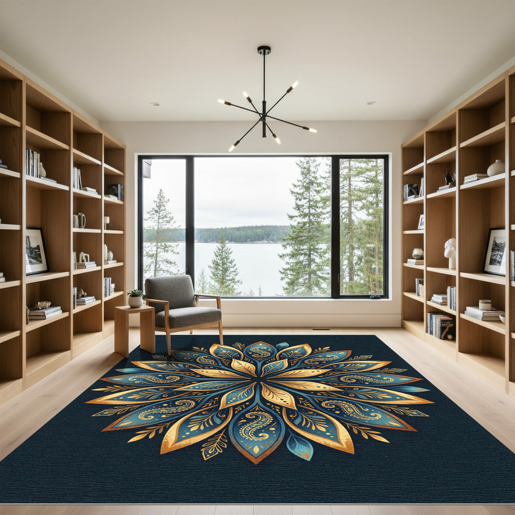 Golden Leaf Mandala Navy Floral Medallion Rug