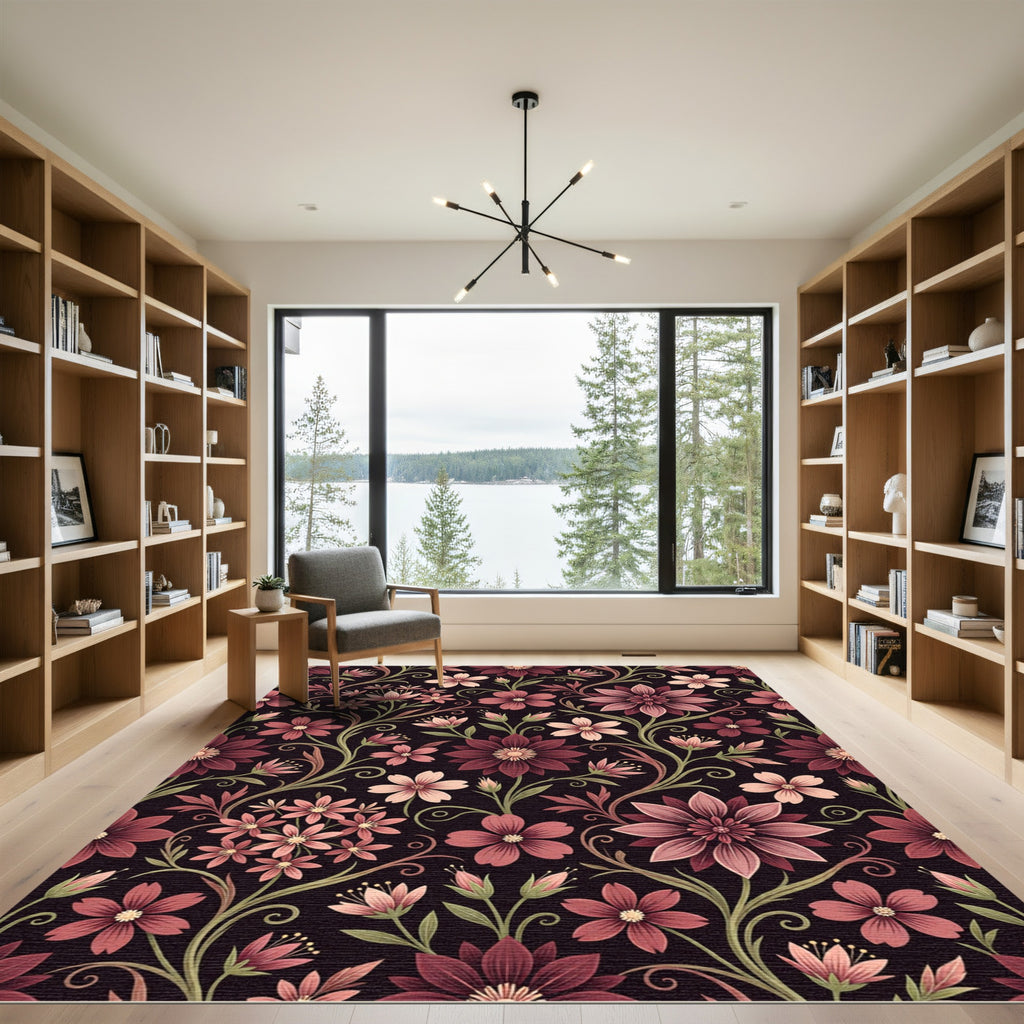 Dark Burgundy Floral Moody Botanical Illustration Rug