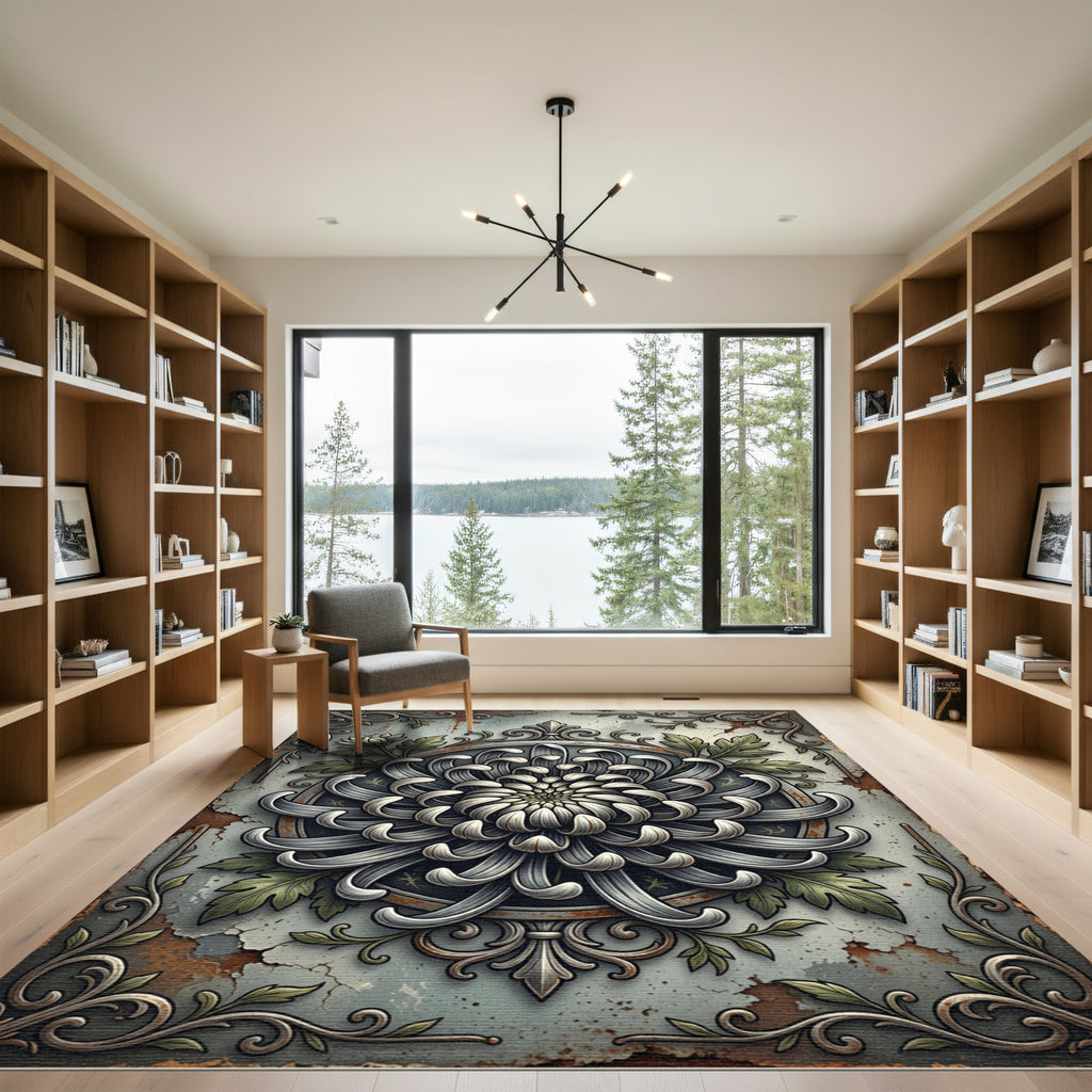 Vintage Silver Chrysanthemum Floral Medallion Rug