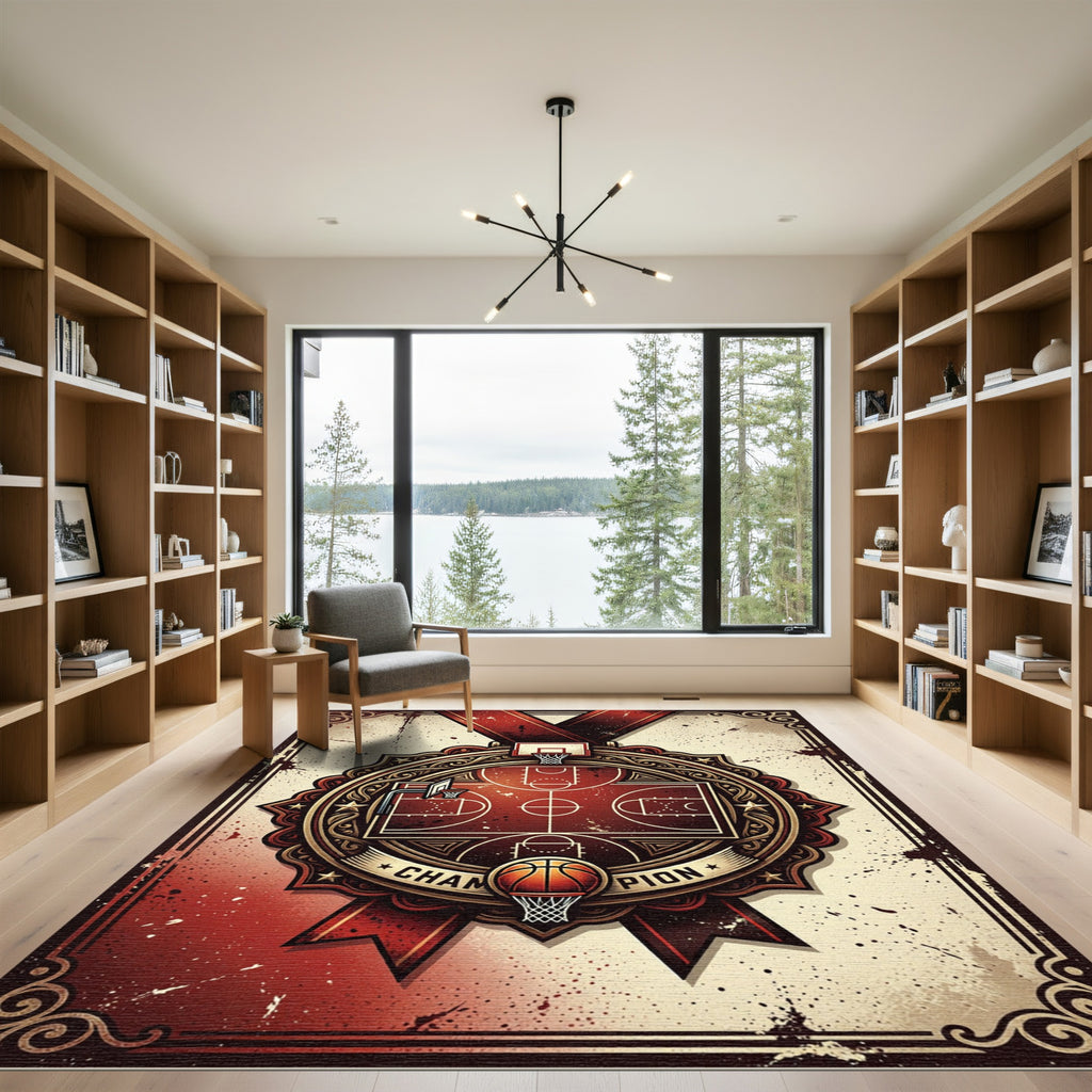 Vintage Crimson Basketball Champion Medallion Rug