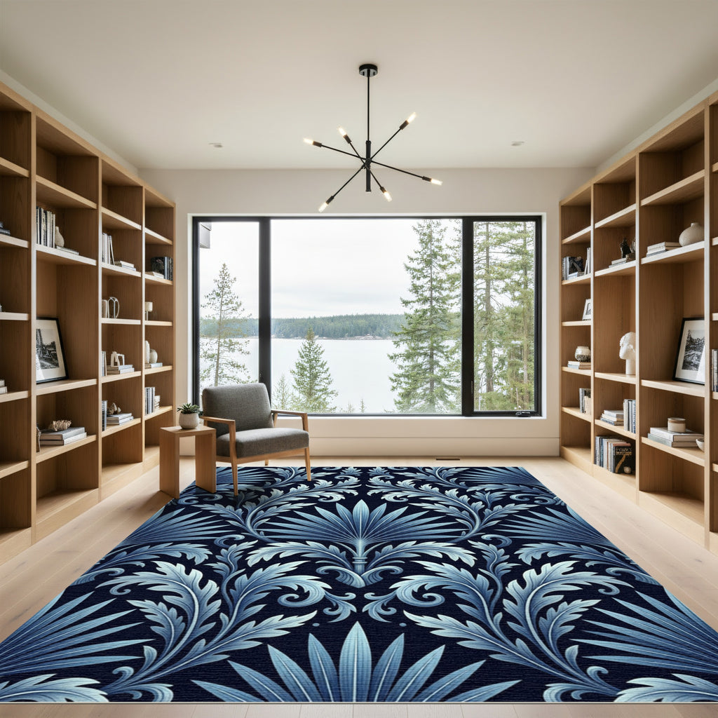 Deep Blue Acanthus Leaf Scroll Rug