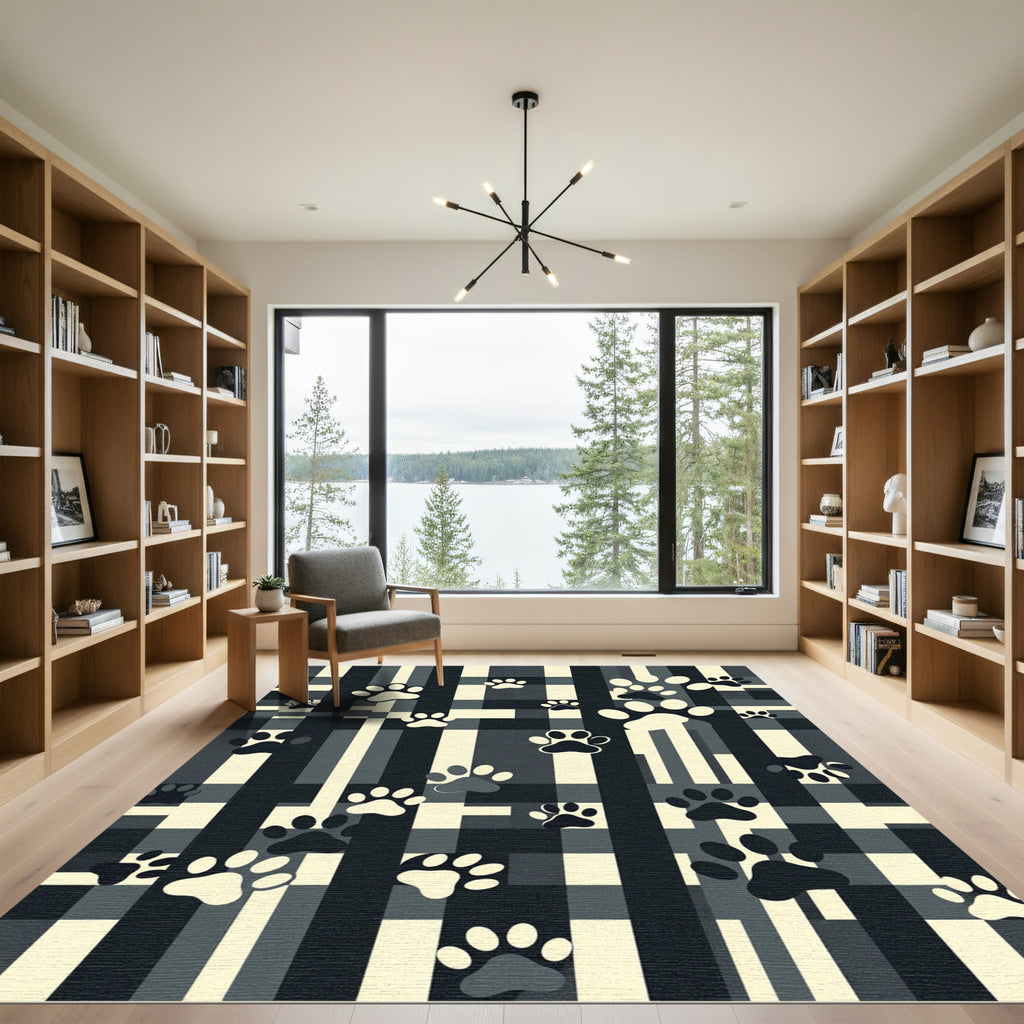 Monochrome Plaid Paw Print Rug