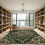 Ornate Olive and Gold Scrollwork Rug