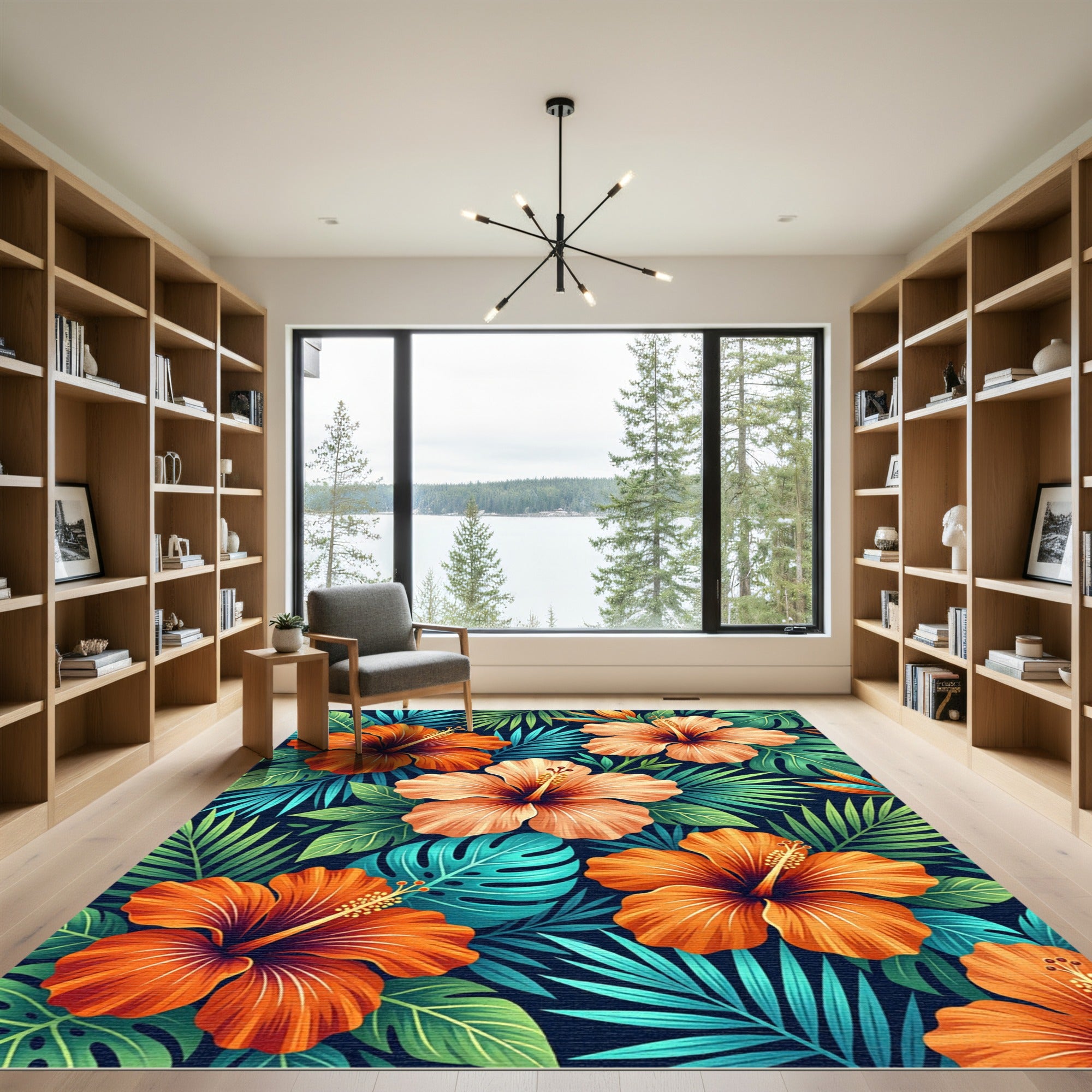 Vibrant Radiant Orange Tropical Hibiscus Rug