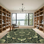 Elegant Sage Botanical Lotus Swirl Rug