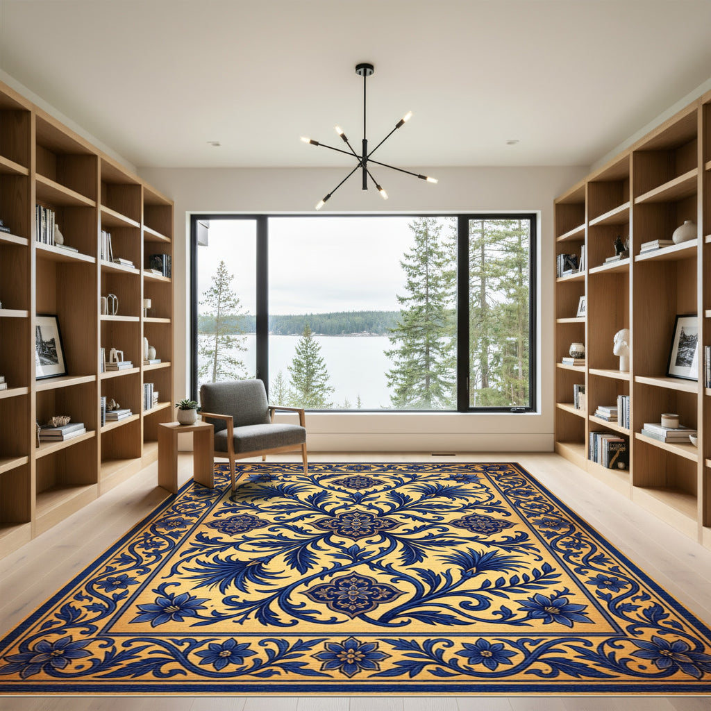 Ornate Cobalt Blue Floral Scroll Medallion Rug