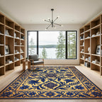 Ornate Cobalt Blue Floral Scroll Medallion Rug