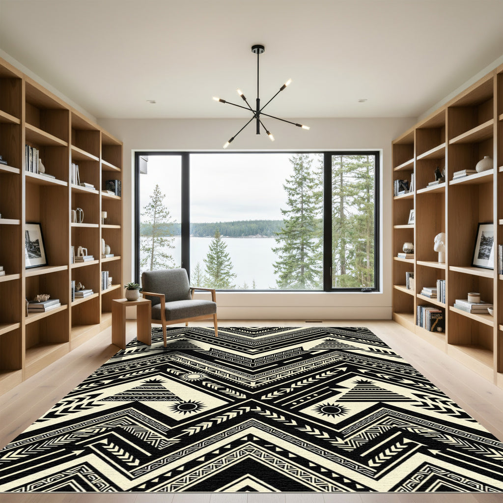 Black Cream Tribal Sun Tipi Zigzag Rug