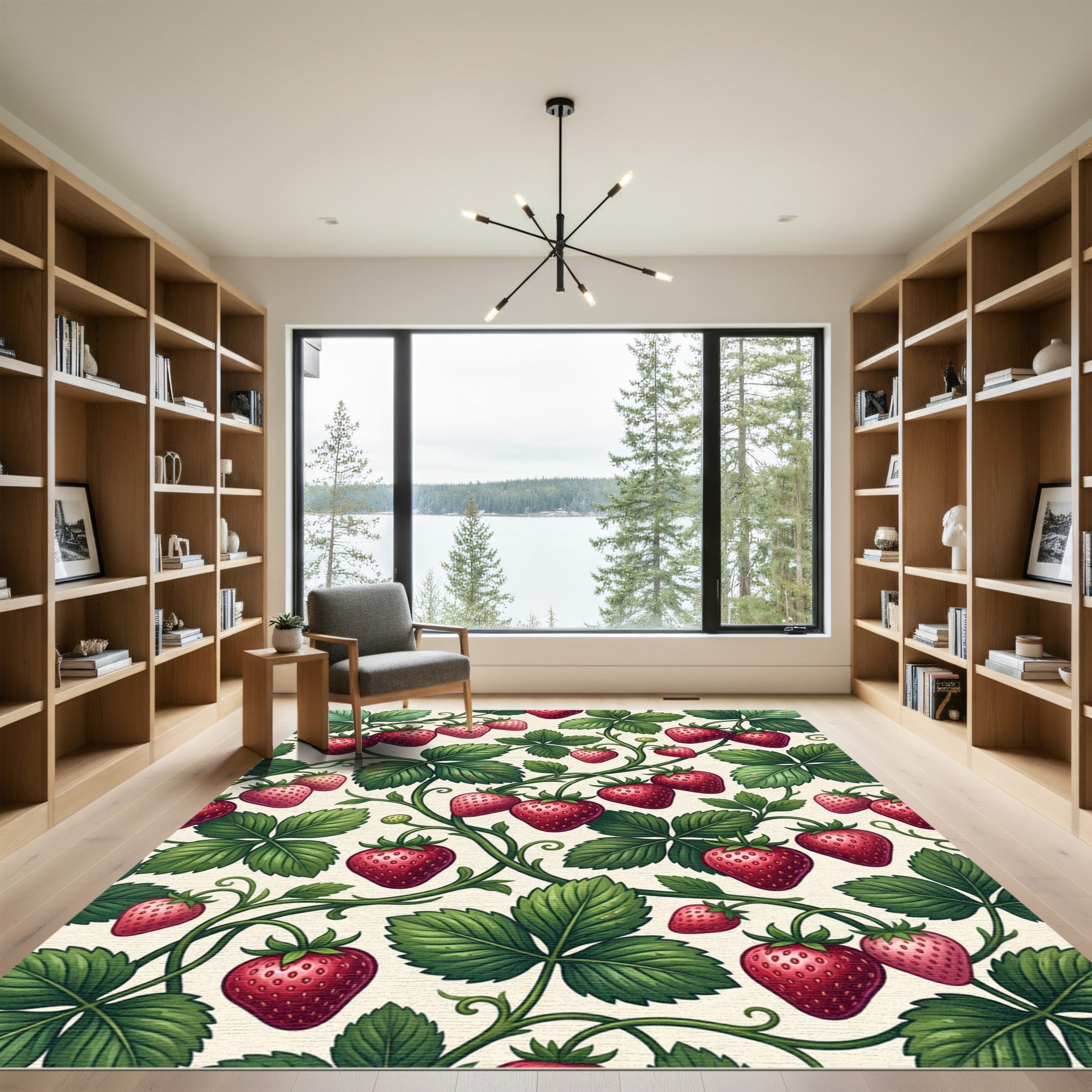 Fresh Strawberry Vines Botanical Illustration Rug
