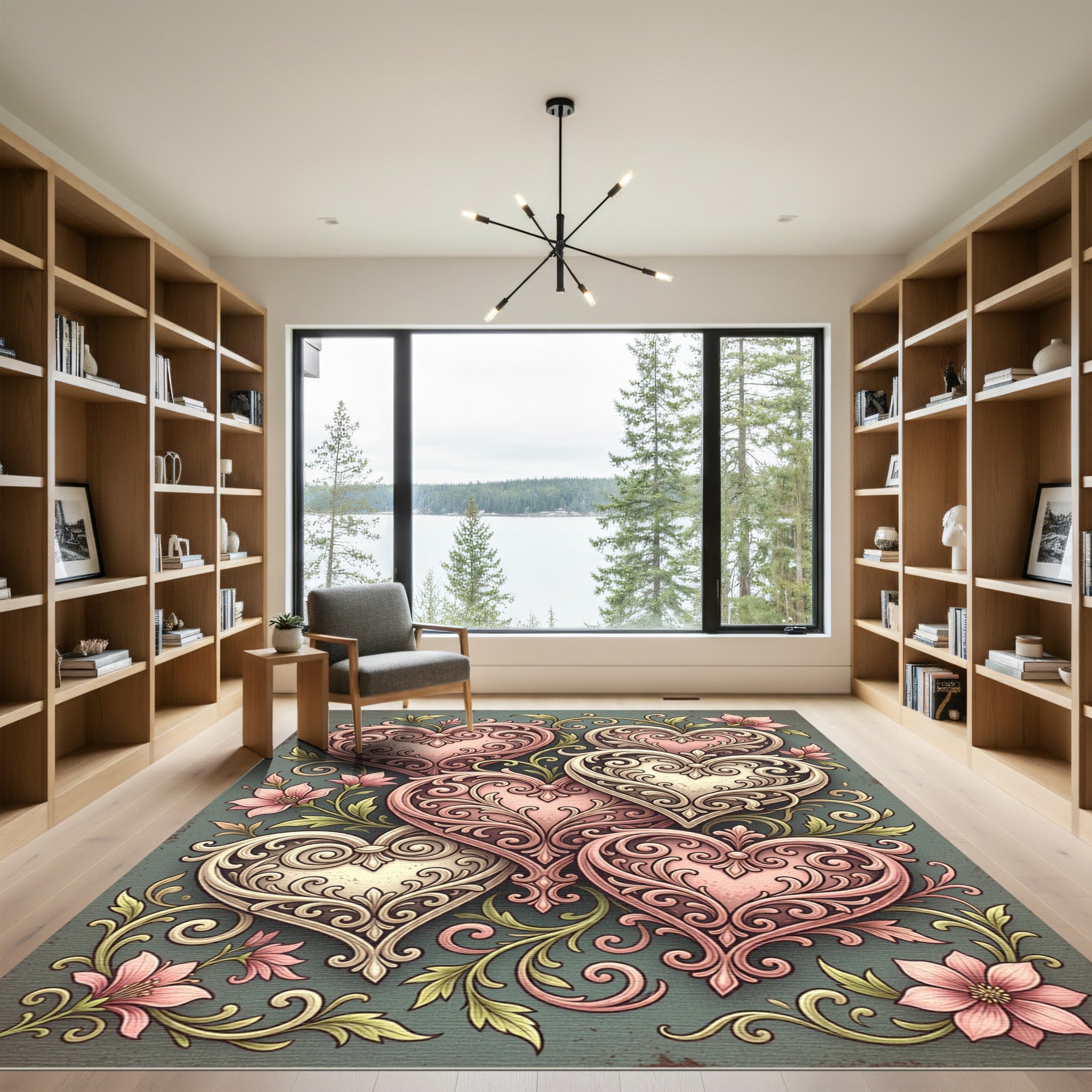 Ornate Pink Swirl Hearts Floral Rug