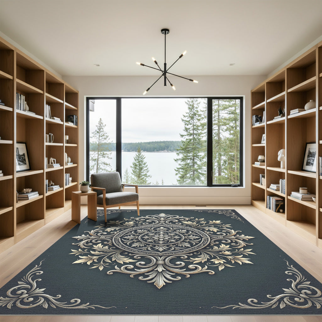 Elegant Slate Gray Filigree Medallion Rug
