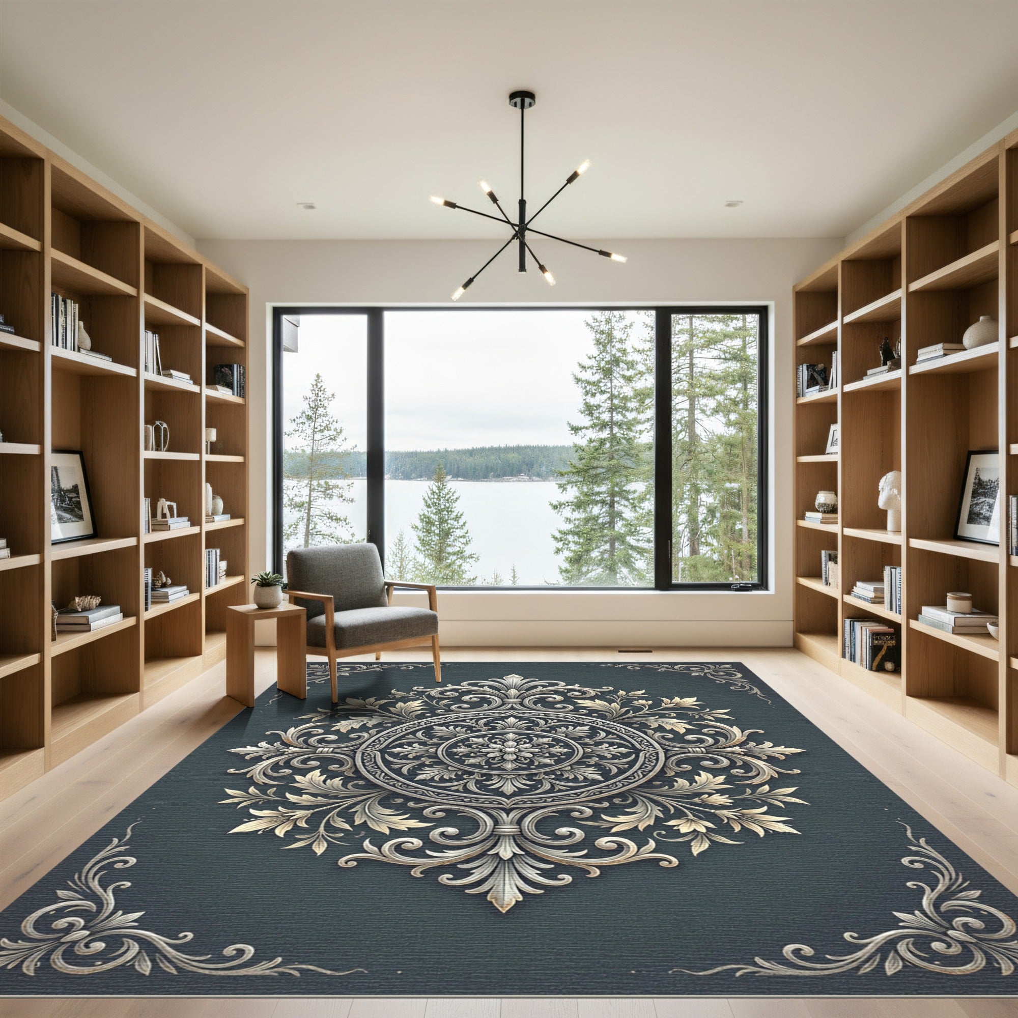 Elegant Slate Gray Filigree Medallion Rug