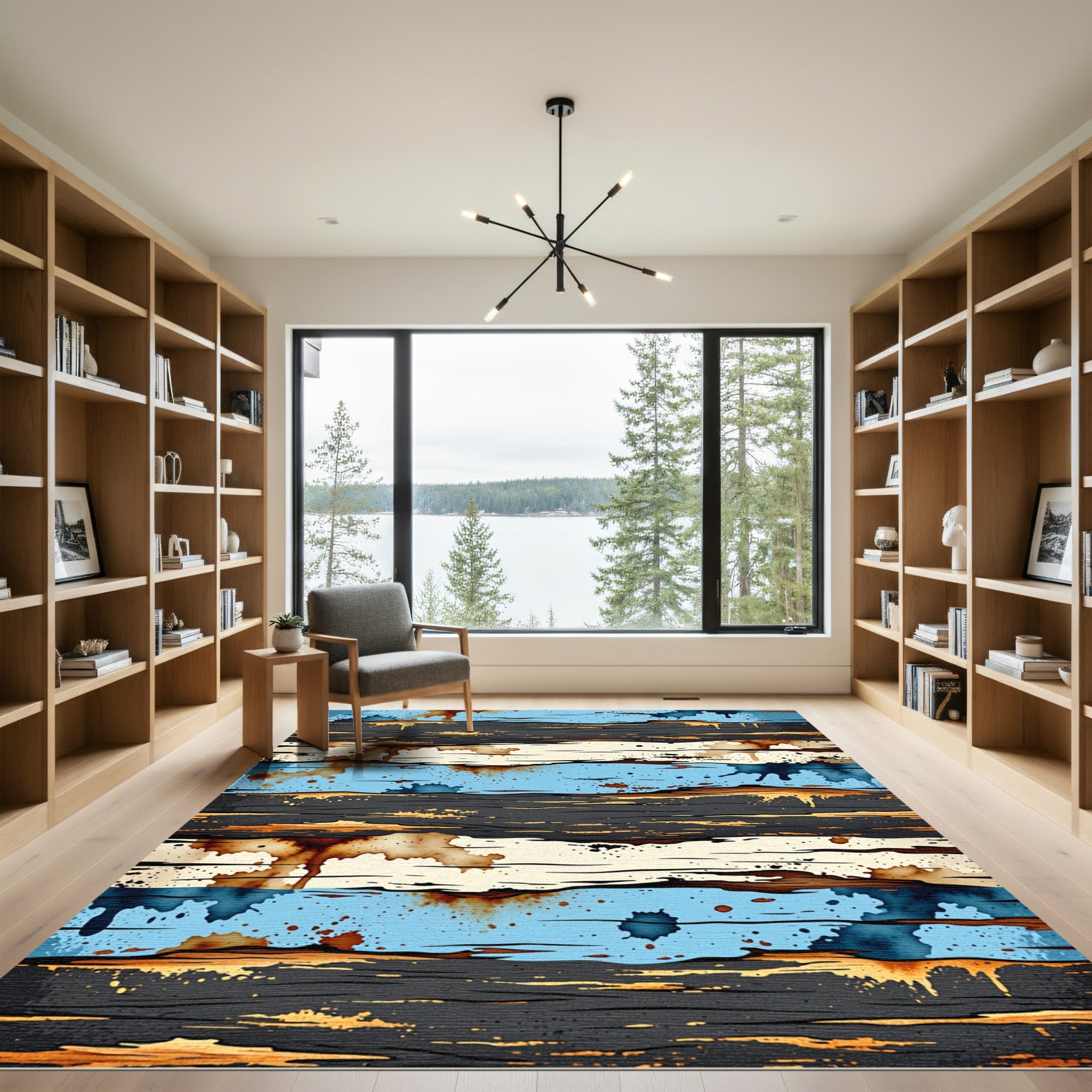 Textured Blue Wood Grain Splatter Rug