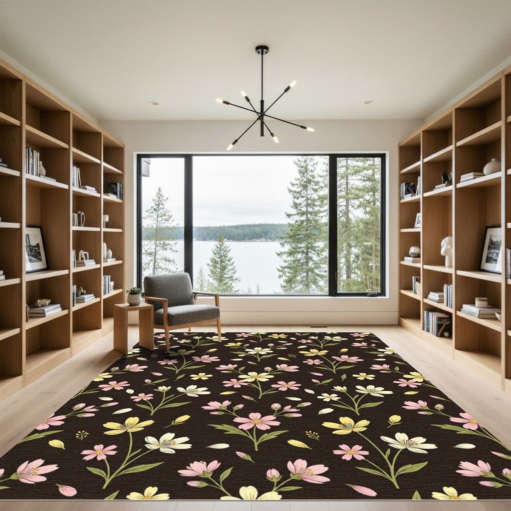 Dark Floral Garden Blossom Arrangement Rug