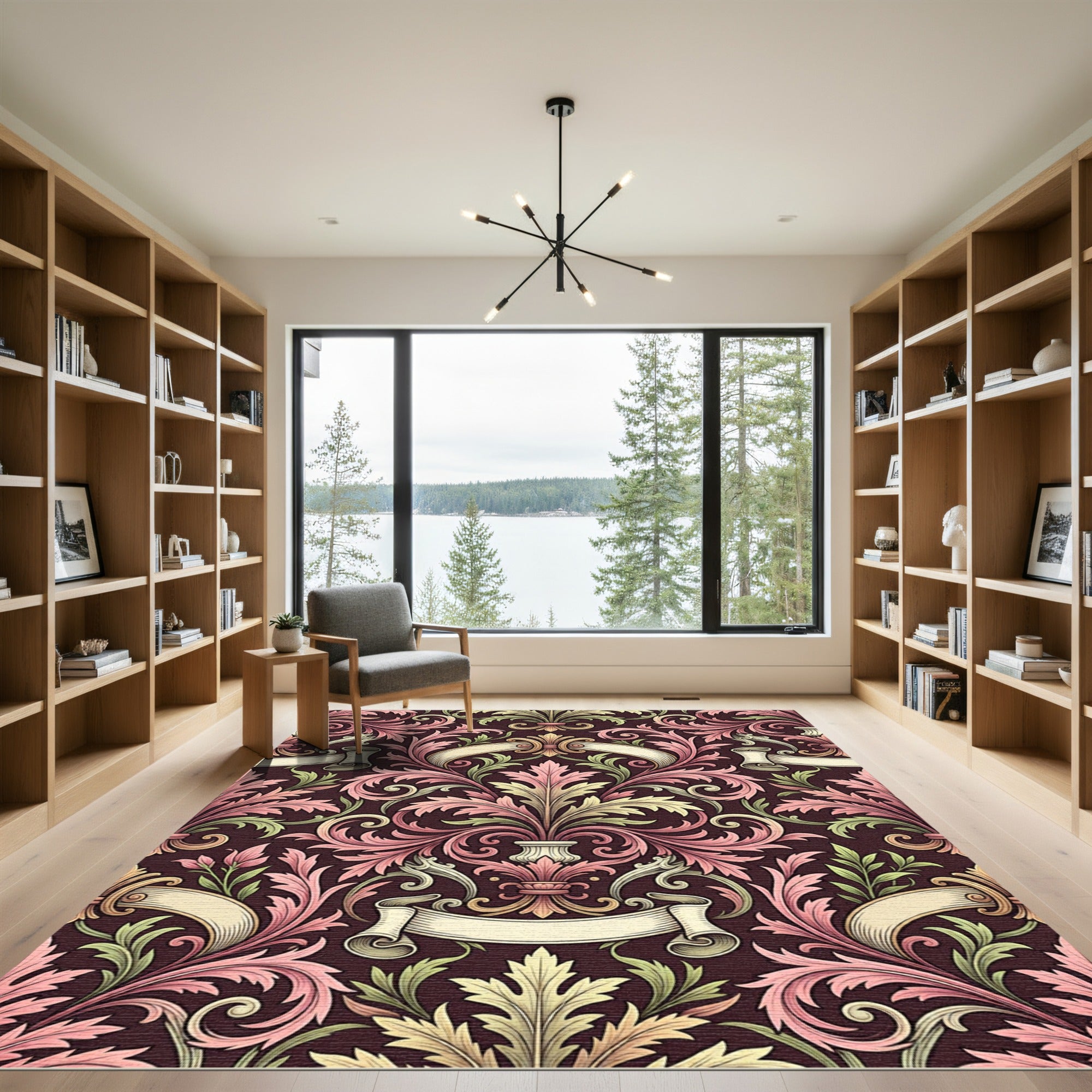 Delicate Crimson Floral Scrollwork Rug