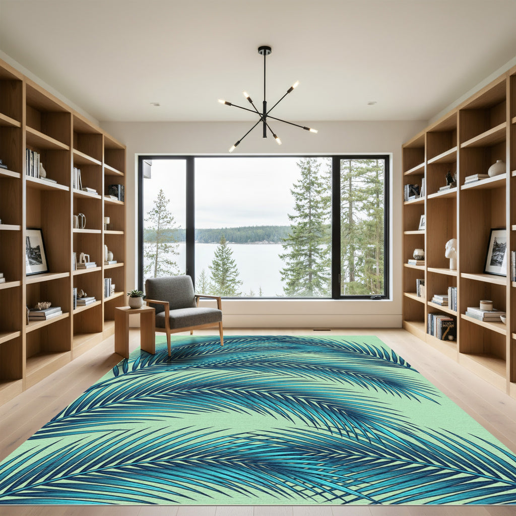 Lush Teal Tropical Palm Frond Leaves Rug