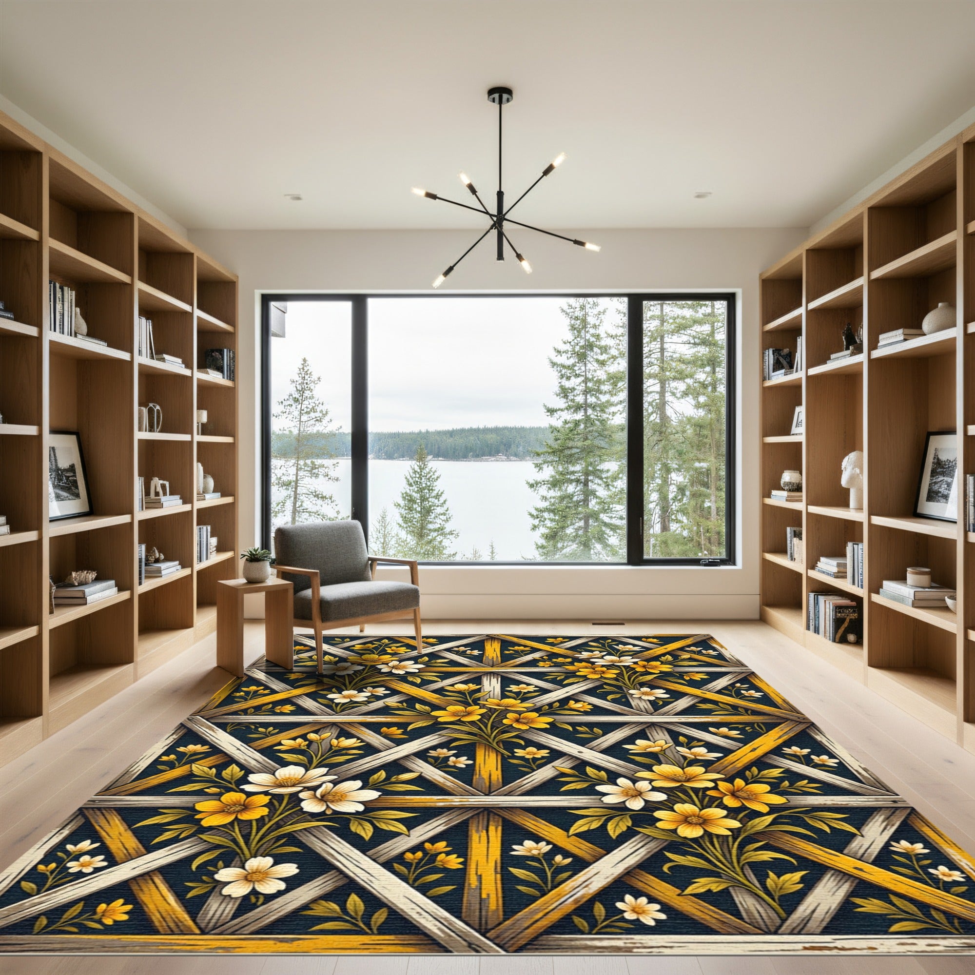 Golden Floral Trellis Lattice Rug