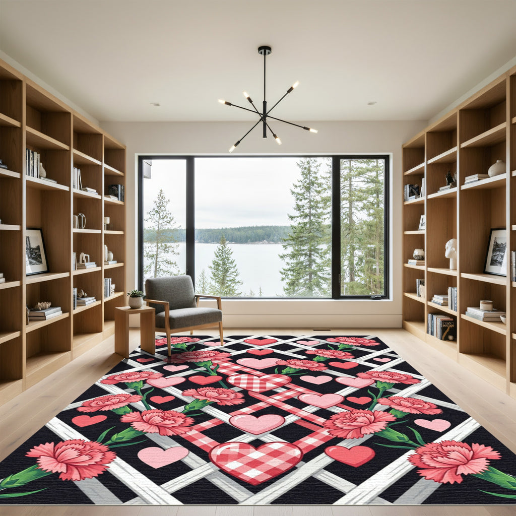 Pink Carnation Hearts on Lattice Gingham Rug