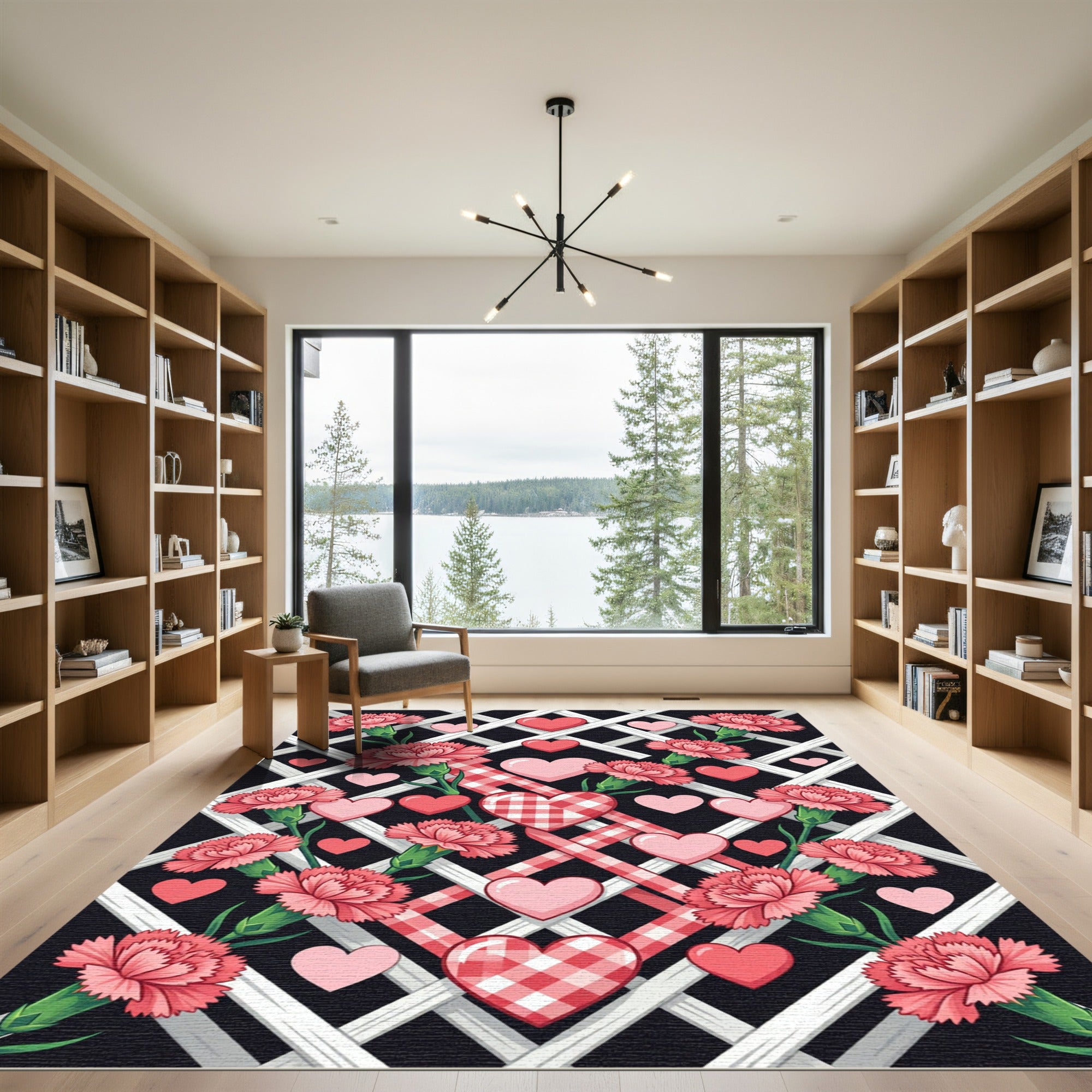Pink Carnation Hearts on Lattice Gingham Rug